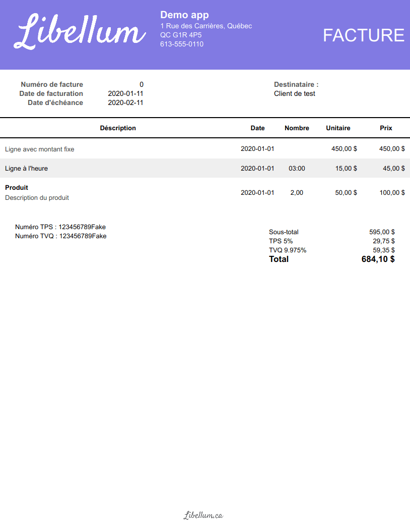 Aperçu du modèle de facture avec entête